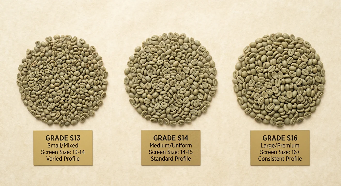 Bean grade comparison showing S14+ selection